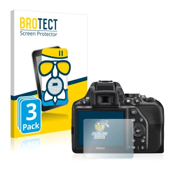 Vorderseite einer Produktverpackung mit dem Markenlogo BROTECT. Daneben ist das Gerät Nikon D3500 mit dem zugehörigen Displays