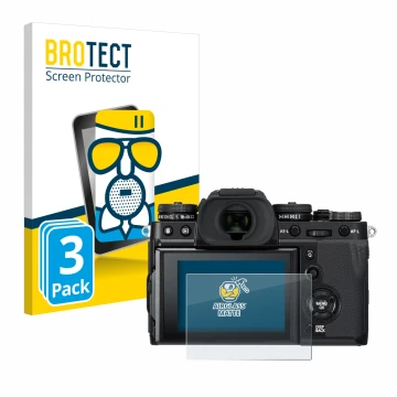 Vorderseite einer Produktverpackung mit dem Markenlogo BROTECT. Daneben ist das Gerät Fujifilm X-T3 mit dem zugehörigen Displa
