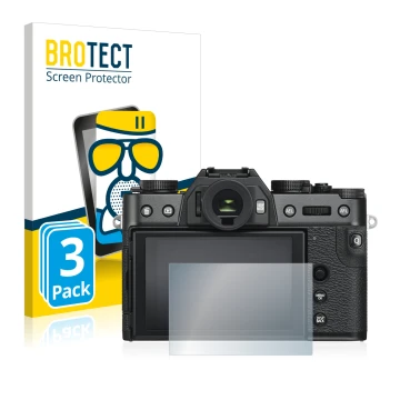 Vorderseite einer Produktverpackung mit dem Markenlogo BROTECT. Daneben ist das Gerät Fujifilm X-T30 mit dem zugehörigen Displ