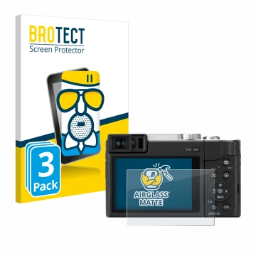 Vorderseite einer Produktverpackung mit dem Markenlogo BROTECT. Daneben ist das Gerät Panasonic Lumix DC-TZ96 mit dem zugehöri