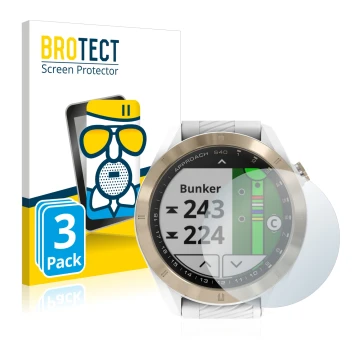 Vorderseite einer Produktverpackung mit dem Markenlogo BROTECT. Daneben ist das Gerät Garmin Approach S40 mit dem zugehörigen 