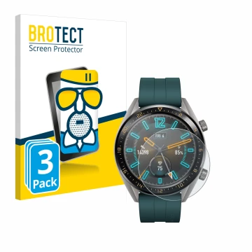 Vorderseite einer Produktverpackung mit dem Markenlogo BROTECT. Daneben ist das Gerät Huawei Watch GT Active mit dem zugehörig