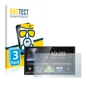 Vorderseite einer Produktverpackung mit dem Markenlogo BROTECT. Daneben ist das Gerät Kenwood DMX7017DABS mit dem zugehörigen 