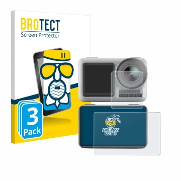 Vorderseite einer Produktverpackung mit dem Markenlogo BROTECT. Daneben ist das Gerät DJI Osmo Action mit dem zugehörigen Disp