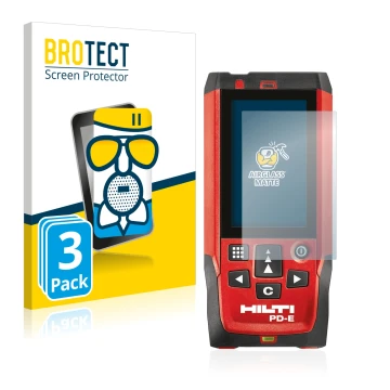 Vorderseite einer Produktverpackung mit dem Markenlogo BROTECT. Daneben ist das Gerät Hilti PD-E mit dem zugehörigen Displaysc