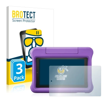 Vorderseite einer Produktverpackung mit dem Markenlogo BROTECT. Daneben ist das Gerät Amazon Fire 7 Kids Edition 2019 (9. Gen.