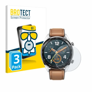 Vorderseite einer Produktverpackung mit dem Markenlogo BROTECT. Daneben ist das Gerät Huawei Watch GT Classic mit dem zugehöri
