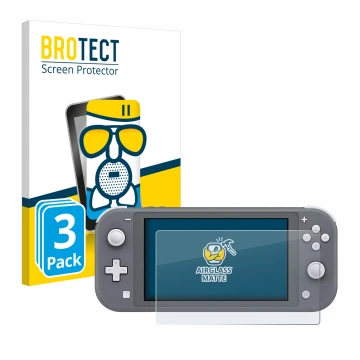 Vorderseite einer Produktverpackung mit dem Markenlogo BROTECT. Daneben ist das Gerät Nintendo Switch Lite mit dem zugehörigen