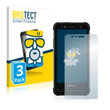 Vorderseite einer Produktverpackung mit dem Markenlogo BROTECT. Daneben ist das Gerät Cyrus CS45 XA mit dem zugehörigen Displa