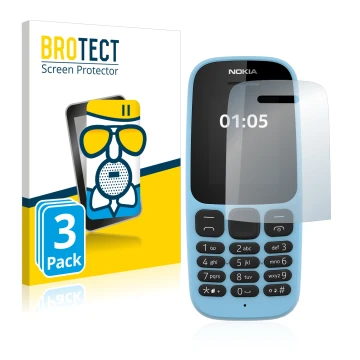 Vorderseite einer Produktverpackung mit dem Markenlogo BROTECT. Daneben ist das Gerät Nokia 105 2019 mit dem zugehörigen Displ