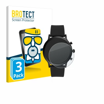 Vorderseite einer Produktverpackung mit dem Markenlogo BROTECT. Daneben ist das Gerät Fossil The Carlyle HR (5.Gen) mit dem zu