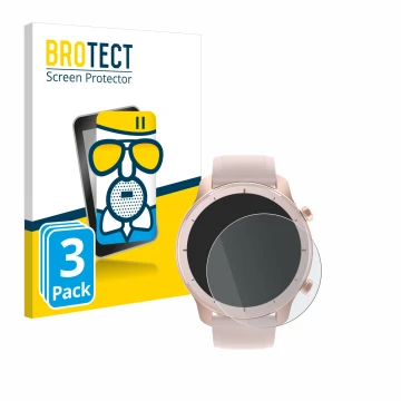 Vorderseite einer Produktverpackung mit dem Markenlogo BROTECT. Daneben ist das Gerät Huami Amazfit GTR (42 mm) mit dem zugehö