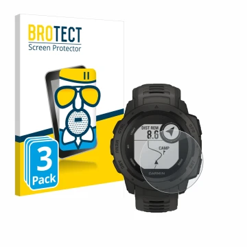 Vorderseite einer Produktverpackung mit dem Markenlogo BROTECT. Daneben ist das Gerät Garmin Instinct Tactical Edition mit dem
