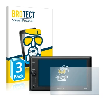 Vorderseite einer Produktverpackung mit dem Markenlogo BROTECT. Daneben ist das Gerät Sony XAV-AX1005DB mit dem zugehörigen Di
