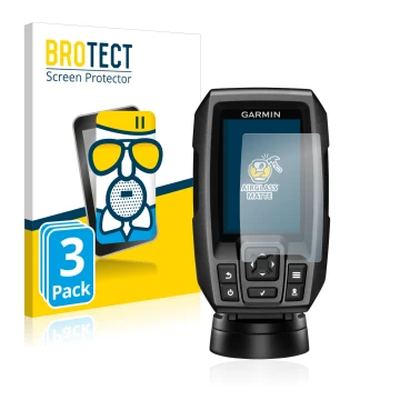 Vorderseite einer Produktverpackung mit dem Markenlogo BROTECT. Daneben ist das Gerät Garmin Striker 4 mit dem zugehörigen Dis