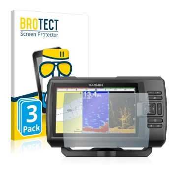 Vorderseite einer Produktverpackung mit dem Markenlogo BROTECT. Daneben ist das Gerät Garmin Striker Plus 9sv mit dem zugehöri