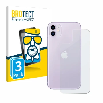 Vorderseite einer Produktverpackung mit dem Markenlogo BROTECT. Daneben ist das Gerät Apple iPhone 11 (Rückseite) mit dem zuge