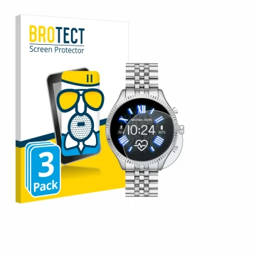 Vorderseite einer Produktverpackung mit dem Markenlogo BROTECT. Daneben ist das Gerät Michael Kors Access Lexington 2 mit dem 