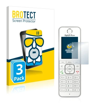 Vorderseite einer Produktverpackung mit dem Markenlogo BROTECT. Daneben ist das Gerät AVM Fritz!Fon C6 mit dem zugehörigen Dis