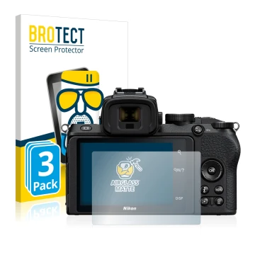 Vorderseite einer Produktverpackung mit dem Markenlogo BROTECT. Daneben ist das Gerät Nikon Z 50 mit dem zugehörigen Displaysc