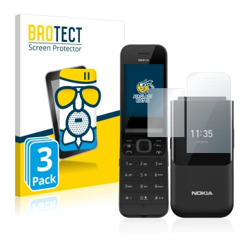 Vorderseite einer Produktverpackung mit dem Markenlogo BROTECT. Daneben ist das Gerät Nokia 2720 Flip mit dem zugehörigen Disp