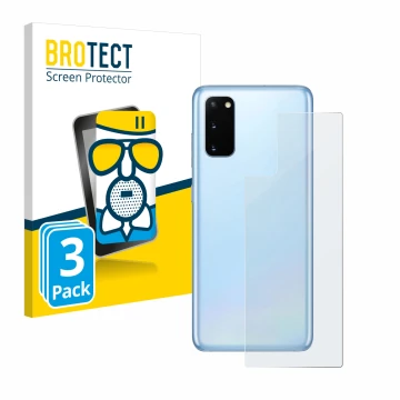 Vorderseite einer Produktverpackung mit dem Markenlogo BROTECT. Daneben ist das Gerät Samsung Galaxy S20 (Rückseite) mit dem z