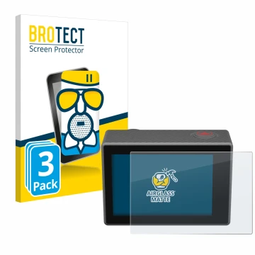 Vorderseite einer Produktverpackung mit dem Markenlogo BROTECT. Daneben ist das Gerät Akaso V50 Elite mit dem zugehörigen Disp