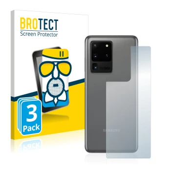 Vorderseite einer Produktverpackung mit dem Markenlogo BROTECT. Daneben ist das Gerät Samsung Galaxy S20 Ultra (Rückseite) mit