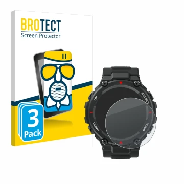 Vorderseite einer Produktverpackung mit dem Markenlogo BROTECT. Daneben ist das Gerät Huami Amazfit T-Rex mit dem zugehörigen 