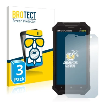 Vorderseite einer Produktverpackung mit dem Markenlogo BROTECT. Daneben ist das Gerät SkyCaddie SX500 mit dem zugehörigen Disp