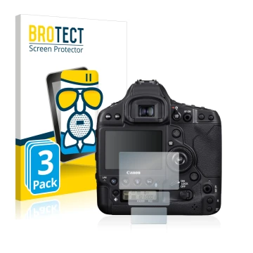 Vorderseite einer Produktverpackung mit dem Markenlogo BROTECT. Daneben ist das Gerät Canon EOS 1D X Mark III mit dem zugehöri