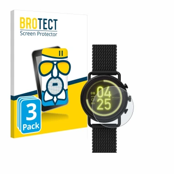 Vorderseite einer Produktverpackung mit dem Markenlogo BROTECT. Daneben ist das Gerät Skagen Smartwatch Falster 3 mit dem zuge