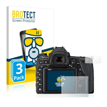 Vorderseite einer Produktverpackung mit dem Markenlogo BROTECT. Daneben ist das Gerät Nikon D780 mit dem zugehörigen Displaysc