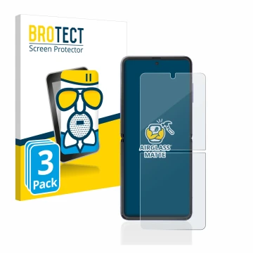 Vorderseite einer Produktverpackung mit dem Markenlogo BROTECT. Daneben ist das Gerät Samsung Galaxy Z Flip mit dem zugehörige