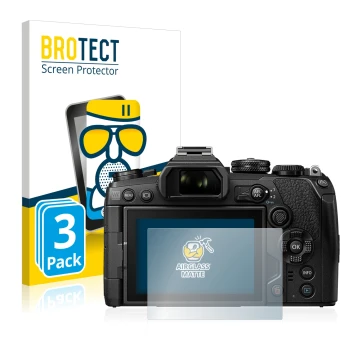 Vorderseite einer Produktverpackung mit dem Markenlogo BROTECT. Daneben ist das Gerät Olympus OM-D E-M1 Mark III mit dem zugeh