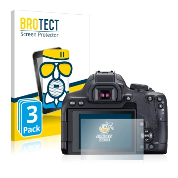 Vorderseite einer Produktverpackung mit dem Markenlogo BROTECT. Daneben ist das Gerät Canon EOS 850D mit dem zugehörigen Displ