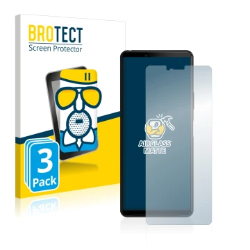 Vorderseite einer Produktverpackung mit dem Markenlogo BROTECT. Daneben ist das Gerät Sony Xperia 10 II mit dem zugehörigen Di