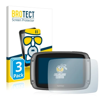Vorderseite einer Produktverpackung mit dem Markenlogo BROTECT. Daneben ist das Gerät TomTom Rider 50 mit dem zugehörigen Disp