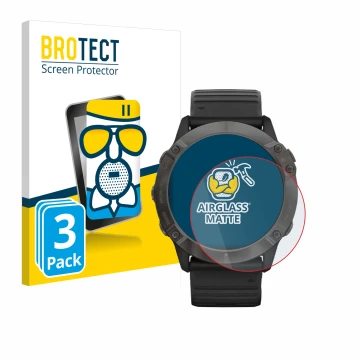 Vorderseite einer Produktverpackung mit dem Markenlogo BROTECT. Daneben ist das Gerät Garmin Fenix 6X Pro Solar mit dem zugehö