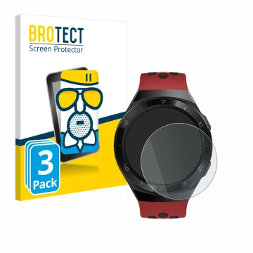 Vorderseite einer Produktverpackung mit dem Markenlogo BROTECT. Daneben ist das Gerät Huawei Watch GT 2e mit dem zugehörigen D