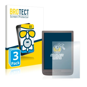 Vorderseite einer Produktverpackung mit dem Markenlogo BROTECT. Daneben ist das Gerät PocketBook InkPad 3 Pro mit dem zugehöri