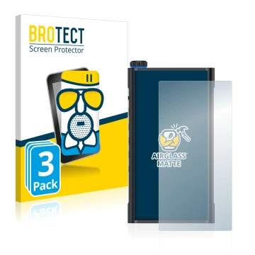 Vorderseite einer Produktverpackung mit dem Markenlogo BROTECT. Daneben ist das Gerät FiiO M15 mit dem zugehörigen Displayschu