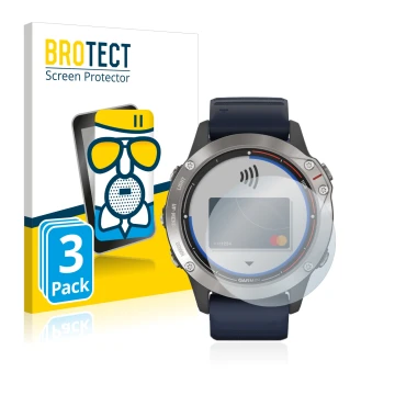Vorderseite einer Produktverpackung mit dem Markenlogo BROTECT. Daneben ist das Gerät Garmin quatix 6 mit dem zugehörigen Disp