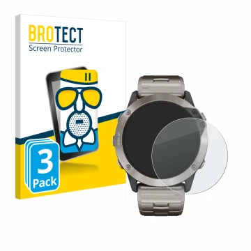 Vorderseite einer Produktverpackung mit dem Markenlogo BROTECT. Daneben ist das Gerät Garmin quatix 6x Solar mit dem zugehörig