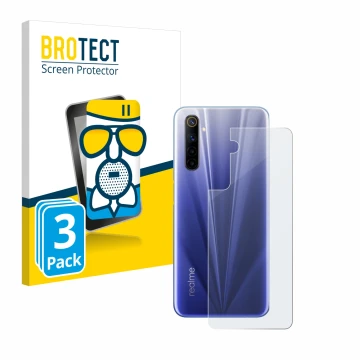 Vorderseite einer Produktverpackung mit dem Markenlogo BROTECT. Daneben ist das Gerät realme 6 (Rückseite) mit dem zugehörigen