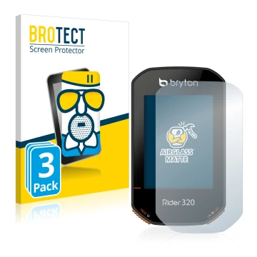 Vorderseite einer Produktverpackung mit dem Markenlogo BROTECT. Daneben ist das Gerät Bryton Rider 320 mit dem zugehörigen Dis