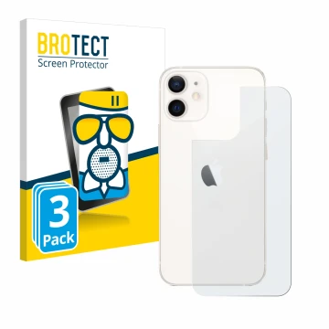 Vorderseite einer Produktverpackung mit dem Markenlogo BROTECT. Daneben ist das Gerät Apple iPhone 12 mini (Rückseite) mit dem