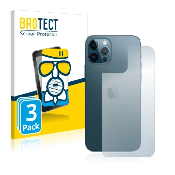 Vorderseite einer Produktverpackung mit dem Markenlogo BROTECT. Daneben ist das Gerät Apple iPhone 12 Pro (Rückseite) mit dem 