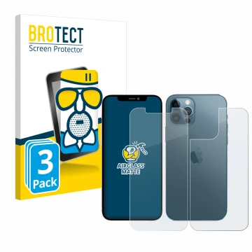 Vorderseite einer Produktverpackung mit dem Markenlogo BROTECT. Daneben ist das Gerät Apple iPhone 12 Pro Max (Display+Rücksei