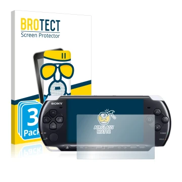 Vorderseite einer Produktverpackung mit dem Markenlogo BROTECT. Daneben ist das Gerät Sony PSP 3003 mit dem zugehörigen Displa